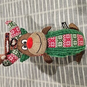 Festive Reindeer Dog Squeaky Toy with Green and Red Pattern